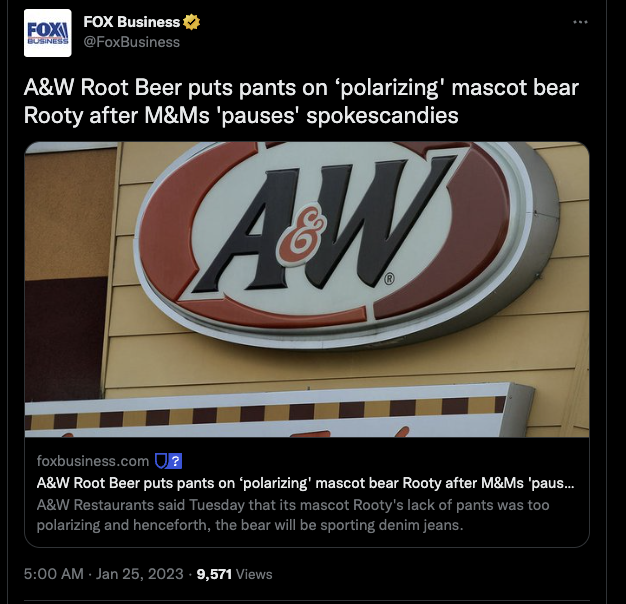 A&W Restaurants puts pants on 'polarizing' mascot bear Rooty in joke  announcement