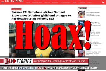 Fake News: Former FC Barcelona Striker Samuel Eto'o NOT Arrested, Girlfriend Did NOT Plunge To Death