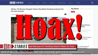 Fake News: Athens, TX woman NOT Charged, Did NOT Claims She Made Cheating Husband Eat His Own Genitals
