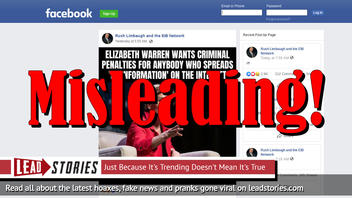 Fake News: Elizabeth Warren Does NOT Want Criminal Penalties For Anybody Who Spreads 'Disinformation' On The Internet