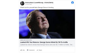 Fact Check: Leaked IRS Tax Returns Did NOT show George Soros Wired $1.7M To Antifa