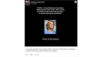 Fact Check: Education Secretary Betsy DeVos DID Not Say 'Only' .02% Of Kids Are Likely To Die When They Go Back To School; If So, It Would NOT Add Up To 14,740 Dead Children