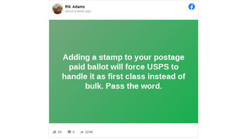 Fact Check: Adding A Stamp To Postage-Paid Ballot Does NOT Force USPS To Handle It As First-Class Instead Of Bulk -- It's Already First-Class Mail