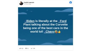 Fact Check: Joe Biden Did NOT Say Chevrolet's Corvette 'Is One Of The Best Cars In The World' While Visiting A Ford Plant