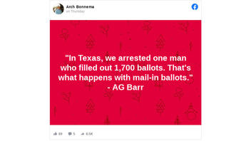 Fact Check: Texas Man Was NOT Arrested For Filling Out 1,700 Ballots As Attorney General Barr Said In Interview -- DOJ Says Barr Was Misinformed
