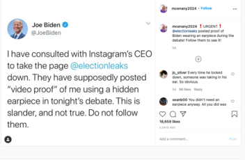 Fact Check: Joe Biden Did NOT Tweet That He Got Instagram To Take Down 'Video Proof' He Wore Earpiece At Debate