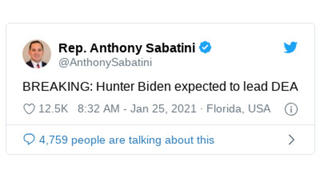 Fact Check: Hunter Biden Is NOT Expected To Lead DEA -- GOP Lawmaker Tweeted False Info