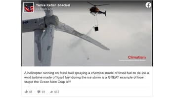 Fact Check: Helicopter Is NOT Spraying A Chemical Made Of Fossil Fuel On Wind Turbine- It's Hot Water