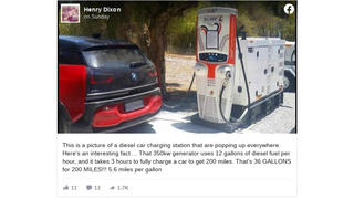 Fact Check: Photo Does NOT Show Electric Car Getting 5.6 Miles Per Gallon Charging Via Diesel Generator