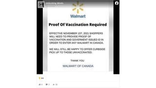 Fact Check: Canadian Walmart Locations Are NOT Requiring Shoppers To Show Proof Of COVID-19 Vaccination Starting November 1, 2021