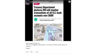 Fact Check: Treasury Department Did NOT Declare IRS Will Monitor Transactions Of All U.S. Bank Accounts Over $600