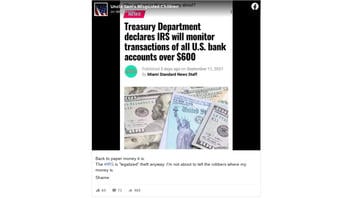 Fact Check: Treasury Department Did NOT Declare IRS Will Monitor Transactions Of All U.S. Bank Accounts Over $600