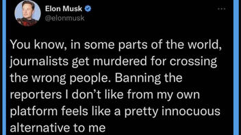 Fact Check: Elon Musk Did NOT Tweet That Banning Reporters From Twitter Was 'Innocuous Alternative' To Murder