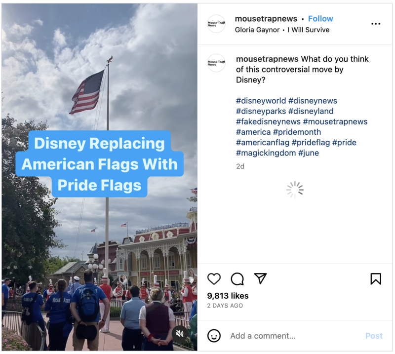 Disneyworld replaced US flag with Pride flag image.png