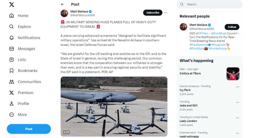 us military sending huge planes israel X post.png