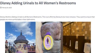 Fact Check: Disney World Is NOT Adding Urinals To All Women's Restrooms -- Claim Originated On A Satire and Parody Website