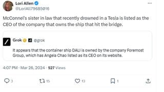 Fact Check: Mitch McConnell's Sister-In-Law Angela Chao Is NOT Listed As CEO Of Company That Owns Ship That Hit Baltimore Bridge