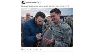 Fact Check: Actor Chris Evans Did NOT Sign A Bomb In 2016 -- USO Tour Photo Shows Him Signing Inert Replica Used In Training