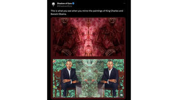 Fact Check: Obama Portrait Image Was Manipulated To Show Goat-Like Figure In Mirrored Version Attached To Original