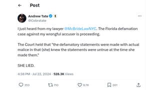 Fact Check: Florida Judge Did NOT Rule That Someone Defamed, 'Lied' About Andrew, Tristan Tate As Of July 22, 2024 -- Judge Just Denied Motion To Dismiss Defamation Counts