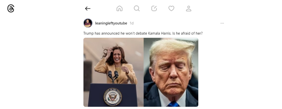 trump will not debate harris Threads post.png