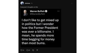 Fact Check: Warren Buffett Did NOT Tweet That Trump 'Spends More Time Begging For Money Than Most Bums' -- That Was Recycled Meme