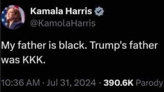 Fact Check: Kamala Harris Did NOT Tweet 'My Father Is Black. Trump's Father Was KKK'
