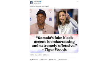 Fact Check: MADE-UP Quote About Kamala Harris' Accent Did NOT Come From Tiger Woods -- Originated From Self-Described Parody/Satire Account