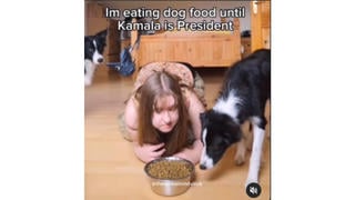 Fact Check: Video Does NOT Show Woman Pledging To Eat Dog Food Until Harris Wins Election -- Text Was Added To Original Clip