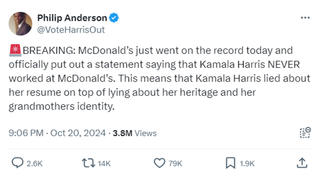 Fact Check: McDonald's Did NOT Issue An October 20, 2024, Statement That Kamala Harris Never Worked There