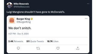 Fact Check: Burger King Did NOT Post 'We Don't Snitch' After Luigi Mangione's Arrest At A McDonald's