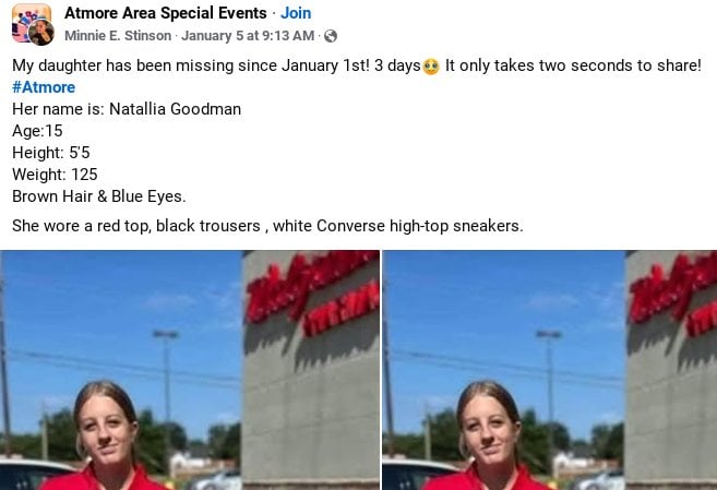 missing teen natallia goodman bait and switch FB post.png