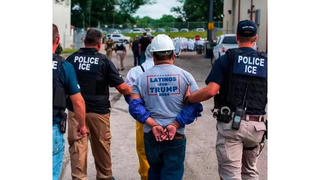 Fact Check: Edited 2018 Photo Shows 'POLICE ICE' Officers Taking Away Man In 'Latinos For Trump' Shirt -- ICE, Shirt Logos Added