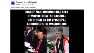 Fact Check: Bishop Mariann Budde Was NOT Removed From National Cathedral By Episcopal Archdiocese Of Washington -- Originated On Satirical Site