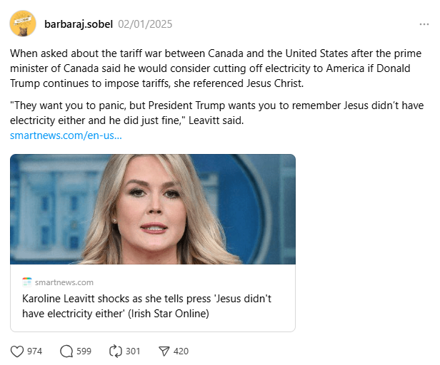 karoline leavitt jesus electricity Threads post.png