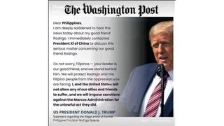 Fact Check: Trump Did NOT Threaten Philippine Sanctions Over The Arrest of Former President Duterte -- Fake Washington Post Screenshot