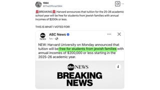 Fact Check:  ABC Did NOT Tweet Harvard Tuition Will Be Free "For Students From Jewish Families" Earning Under $200,000 Per Year