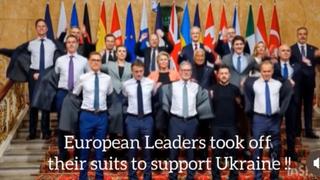 Fact Check: Edited Image Shows European Leaders Taking Off Their Suit Coats In Support Of Ukraine -- No Actual Video