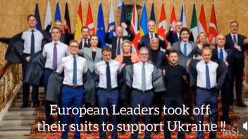 Fact Check: Edited Image Shows European Leaders Taking Off Their Suits In Support Of Ukraine -- No Actual Video