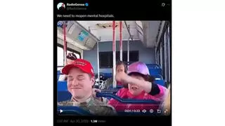 Fact Check: Video Does NOT Authentically Show Woman's Reaction On A Bus To Man Wearing Military Fatigues And Red MAGA Hat