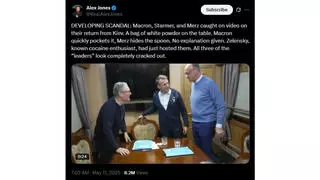 Fact Check: Video Does NOT Clearly Show Macron Hiding White Powder Cocaine On Train With Merz, Starmer -- Hi-Res Pic Looks Like Napkin