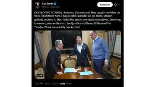 Fact Check: Video Does NOT Clearly Show Macron Hiding White Powder Cocaine On Train With Merz, Starmer -- Hi-Res Pic Looks Like Napkin