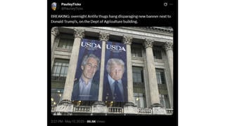 Fact Check: Antifa Did NOT Hang Jeffrey Epstein Banner Next To Donald Trump's On Department of Agriculture Building -- Parody
