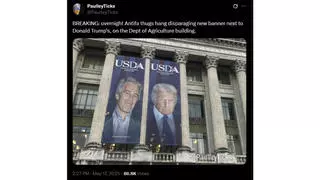 Fact Check: Antifa Did NOT Hang Jeffrey Epstein Banner Next To Donald Trump's On Department of Agriculture Building -- Parody