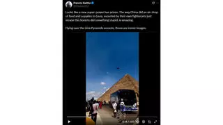 Fact Check: Video Does NOT Show China Fighter Jets And Cargo Plane Flying Over Giza Pyramids On Way To Gaza Air Drop