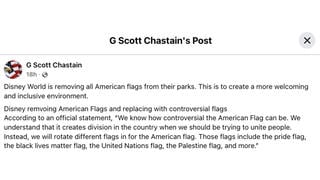 Fact Check: Disney World Did NOT Announce Replacing American Flags With BLM, Pride, Palestine Flags In Parks --  Rumor First Appeared On Self-Described Satire Site 'Mouse Trap News' 