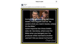 Fact Check: Senator Slotkin Did NOT Ask Defense Secretary Pete Hegseth Where His Bible Was When He 'Banged' A Fox Producer