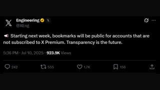 Fact Check: X Engineering Did NOT Post Bookmarks Will Be Public Starting Next Week -- Fake Screenshot From Parody Account