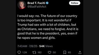 Fact Check: FAKE Persona 'Brad T. Faciti' (BadFaithAct) Posted About Forgiving Trump 'Even If He Rapes Women and Children' 