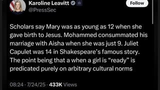 Fact Check: Karoline Leavitt Did NOT Post 'Mary Was As Young As 12 When She Gave Birth To Jesus'  On X July 24, 2025
